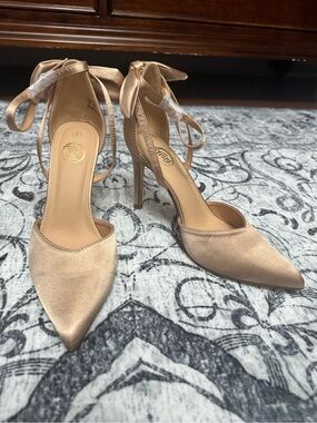 Annie Satin Pointed-Toe Ankle Tie Pumps in Champagne Gold